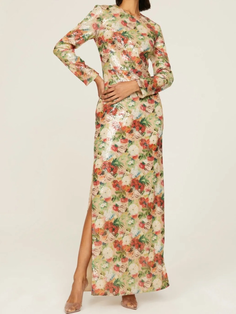 Rosetta Getty Long Sleeve Floral Sequin Gown